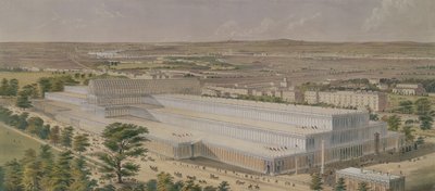 Aeronautische Ansicht des Palastes der Industrie für alle Nationen, von den Kensington Gardens aus gesehen, graviert vom Künstler, veröffentlicht 1851 von Charles Burton